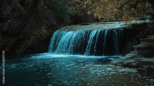 A serene waterfall cascading into a crystal-clear pool, Waterfall scene, Tranquil style
