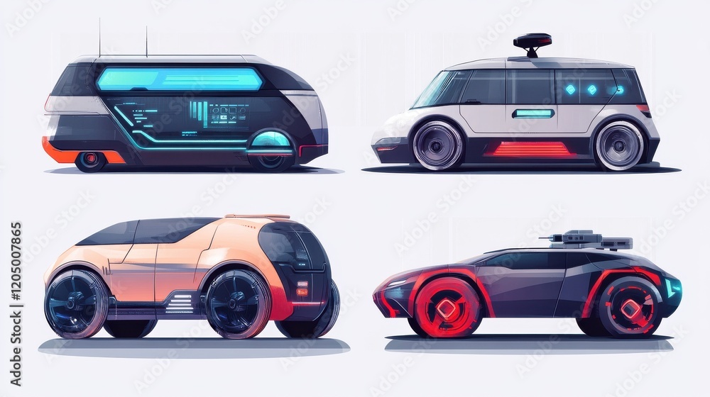 Naklejka premium Futuristic driverless automobiles. Smart vehicles digital software. Autonomous car, autonomous driving, self-parking car system metaphors. Vector isolated concept metaphor illustrations