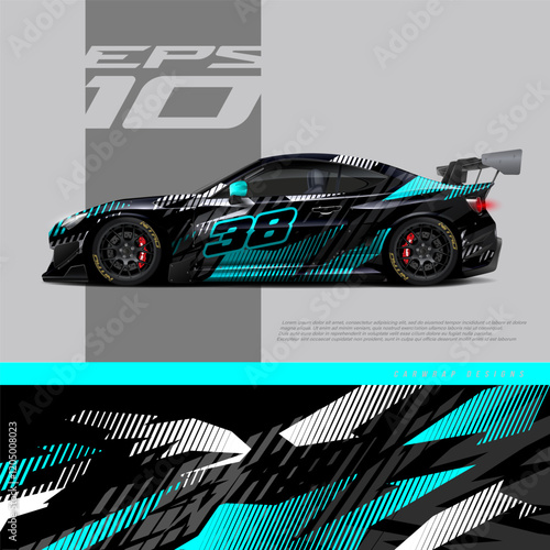 Car wrap decal graphic design. Abstract stripe racing background designs for wrap cargo van, race car, pickup truck, adventure vehicle. Eps 10