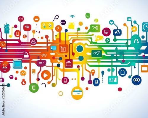 Bright and colorful network of user icons connected by lines, set against an abstract background, representing global connectivity, teamwork, and digital interaction photo