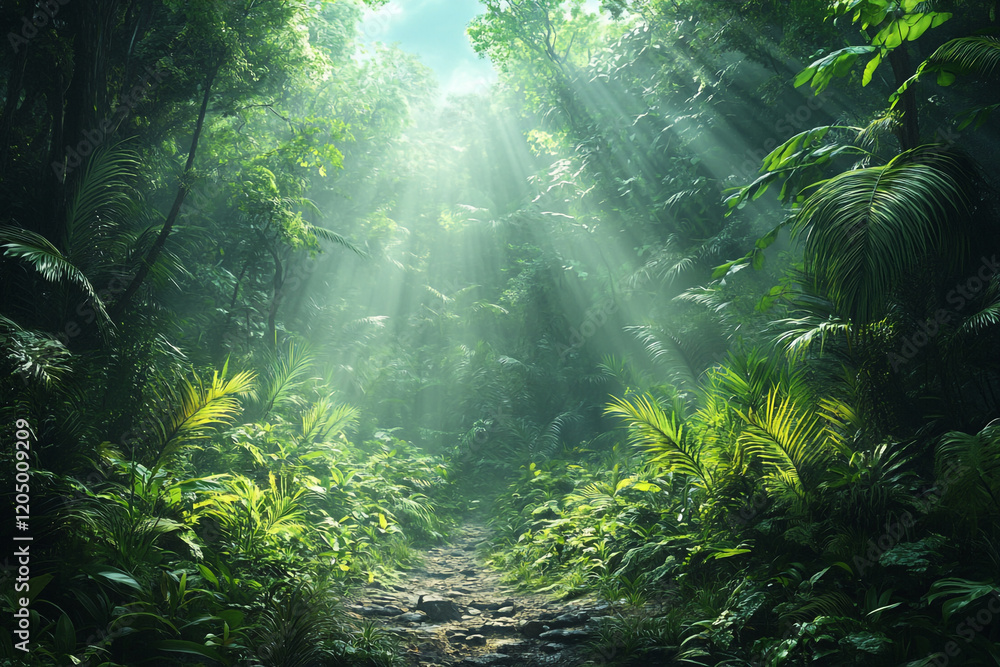 Sunbeams Illuminate Lush Jungle Path Sunbeams Illuminate Lush Jungle Path