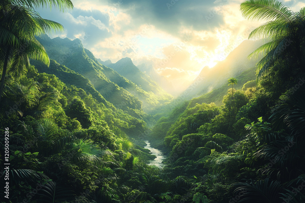 Lush Tropical Valley Sunset Scenic View Lush Tropical Valley Sunset Scenic View