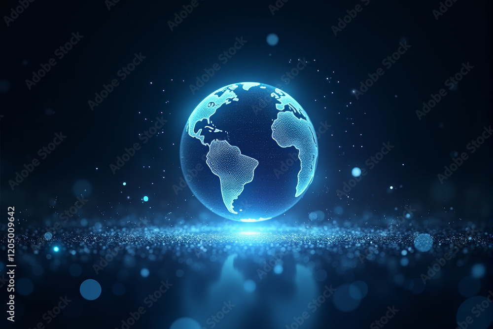 Fototapeta premium An AI-powered virtual assistant visualized as a holographic sphere, surrounded by pulsating waves of light, futuristic digital particles floating in a dark background