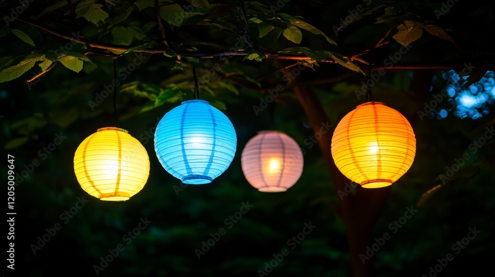 Obraz premium Illuminated Paper Lanterns Hanging from Tree Branches at Night