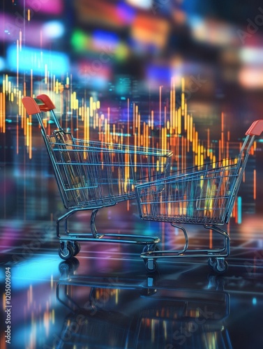 Planning maximize sales Concept. Animatedstyle shopping carts merging with upward graphs, ecommerce sales visualization photo