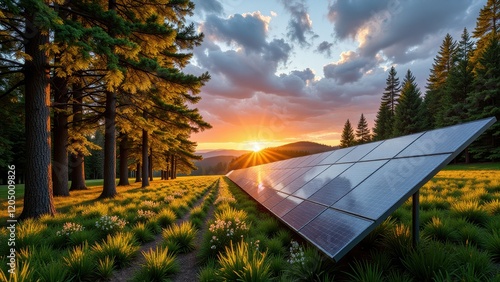 A sunlit grassy field with a sleek solar panel mounted on the right, facing open skies. A winding dirt path leads to it, blending modern energy with nature's charm photo