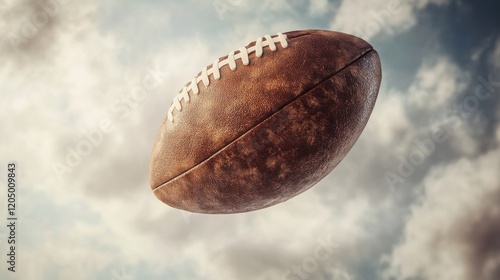 Close-up of an American football in mid-air with a dramatic background, perfect for sports themes. photo