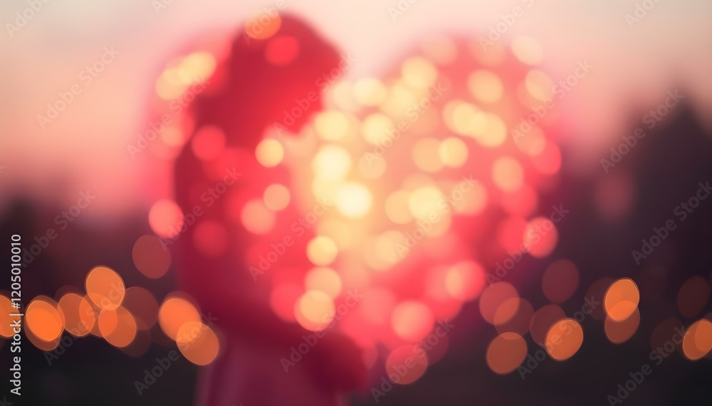 Fototapeta premium Silhouette Romantic Couple Heart Shaped Lights Bokeh Background Lovely Valentine Day Red Pink Blur 