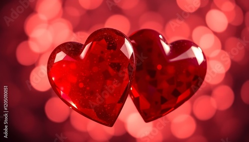 Romantic Red Crystal Hearts Valentine Love Background day pink blur glass shiny light bokeh design  