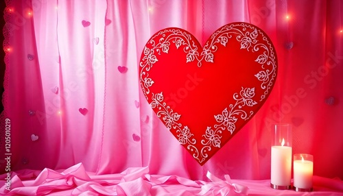 Romantic Red Heart Valentines Day Decor Pink Background Candles love light shiny image design floral