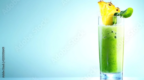 Energyboosting green smoothie with spinach, cucumber, pineapple, and chia seeds, served in a tall glass photo