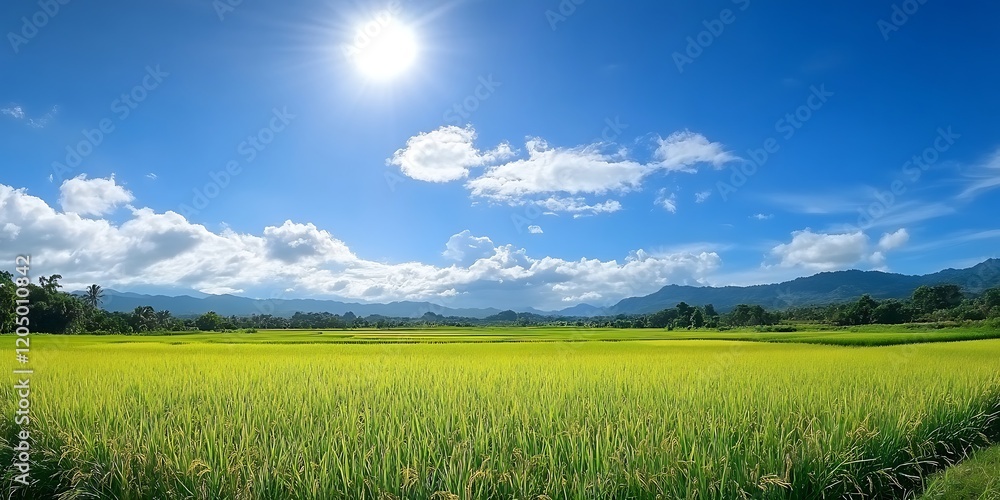 Obraz premium Expansive green rice field under the bright sunlight with a clear blue sky and beautiful landscape