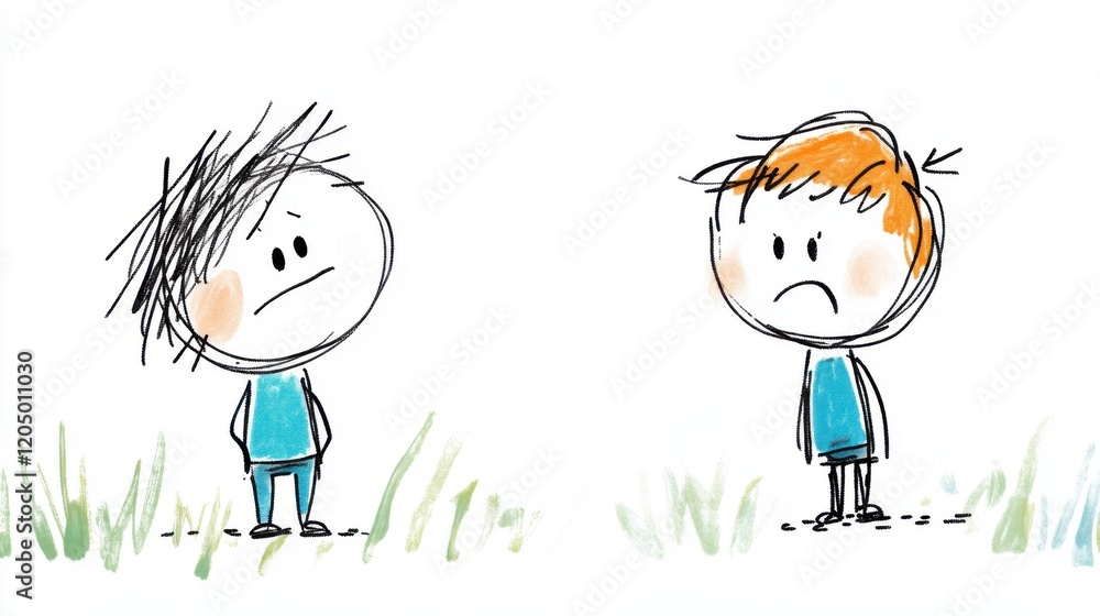 Two Sad Cartoon Characters on Grass Reflecting Emotions of Disappointment and Sadness Two Sad Cartoon Characters on Grass Reflecting Emotions of Disappointment and Sadness