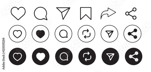 Share icon vector. Like, share, save and comment icon in fill and line. Set of social media elements.