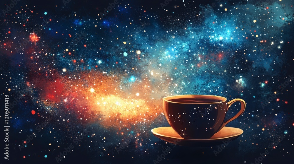 Cosmic Journey: Coffee Cup Against a Colorful Galaxy Background Cosmic Journey: Coffee Cup Against a Colorful Galaxy Background