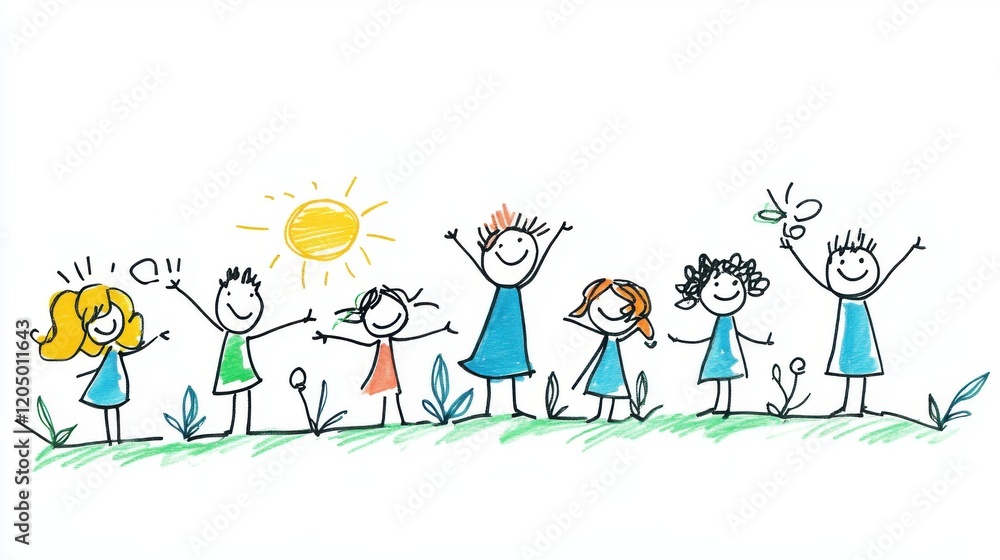 Happy Children Playing Outdoors with Sunshine and Plants in Colorful Drawings for Creative Art Projects Happy Children Playing Outdoors with Sunshine and Plants in Colorful Drawings for Creative Art Projects