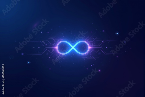 A minimalist representation of artificial intelligence with a glowing infinity symbol, surrounded by abstract circuit lines and gradient backgrounds in blue and purple.