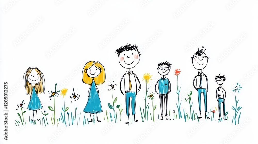 Happy Family Illustration in Nature with Colorful Flowers and Cartoon Characters Depicting Togetherness and Joy Happy Family Illustration in Nature with Colorful Flowers and Cartoon Characters Depicting Togetherness and Joy