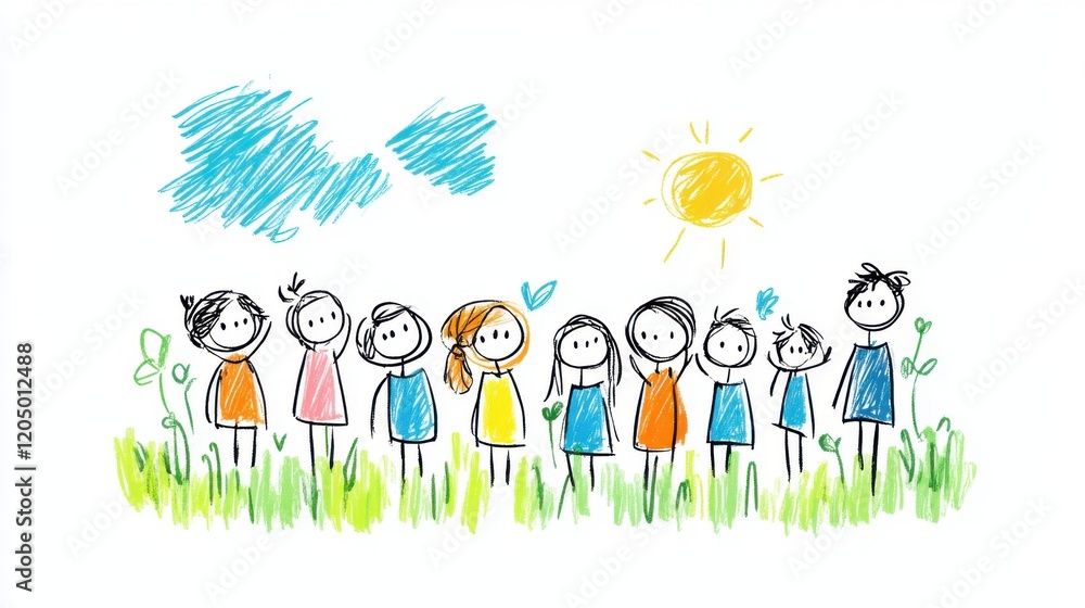 Fototapeta premium Playful Hand-Drawn Illustration of Diverse Group of Stick Figures Standing in Sunlit Green Meadow with Blue Sky