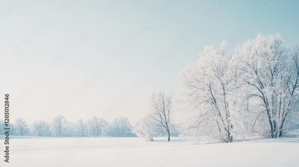 A serene winter landscape with snow-covered trees and a clear sky, Winter scene, Tranquil style A serene winter landscape with snow-covered trees and a clear sky, Winter scene, Tranquil style