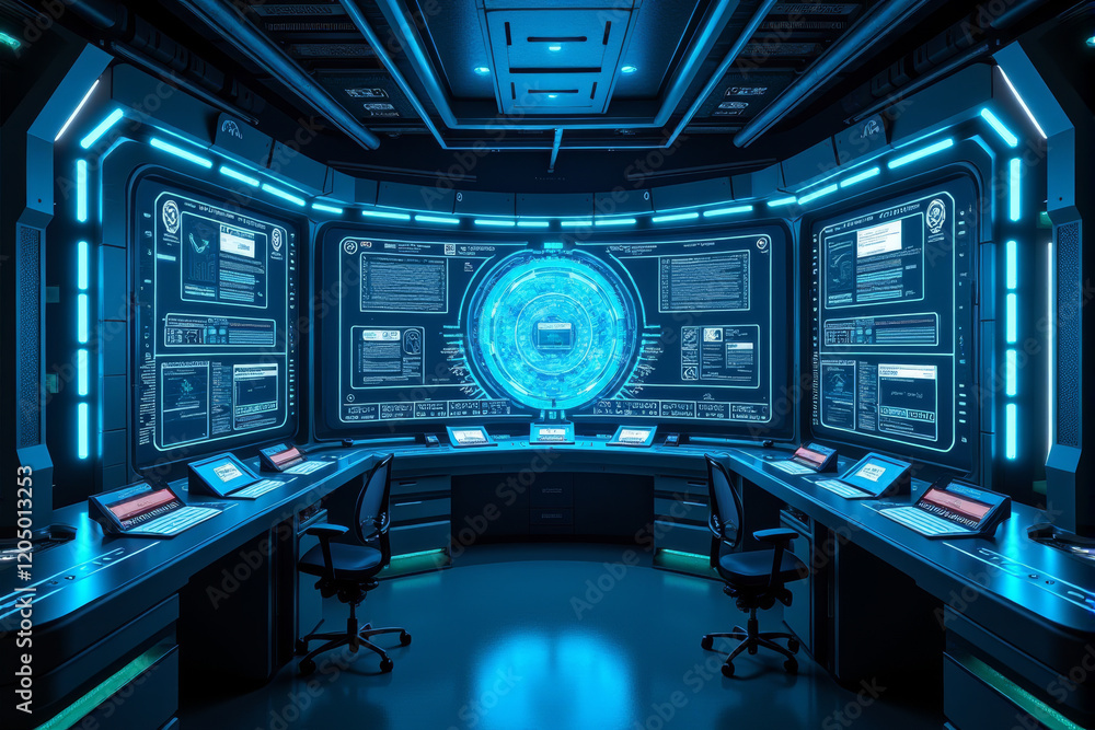 A vibrant AI control room with holographic displays, glowing blue panels, and a central AI interface surrounded by futuristic technology, sci-fi cinematic composition. A vibrant AI control room with holographic displays, glowing blue panels, and a central AI interface surrounded by futuristic technology, sci-fi cinematic composition.