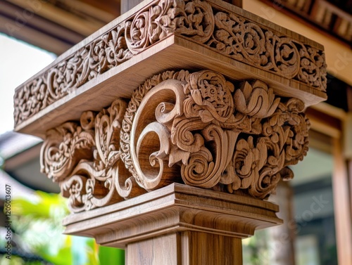 Detailed Wood Carving of a Structure Column Showing Intricate Patterns and Designs photo