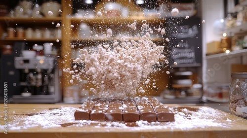 Chocolate bars dusted with exploding powder in a kitchen. photo