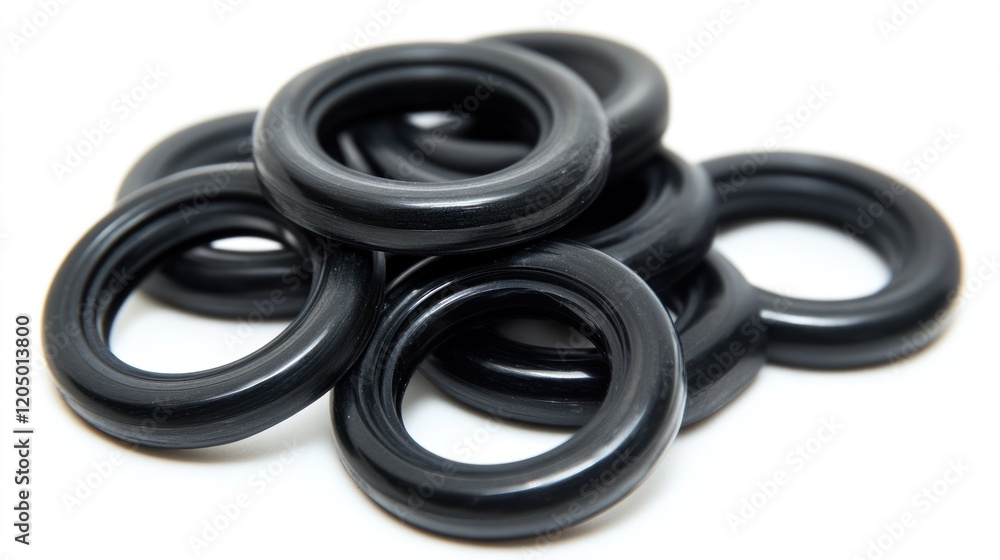 Fototapeta premium Pile of Black Rubber O-Rings on White Background