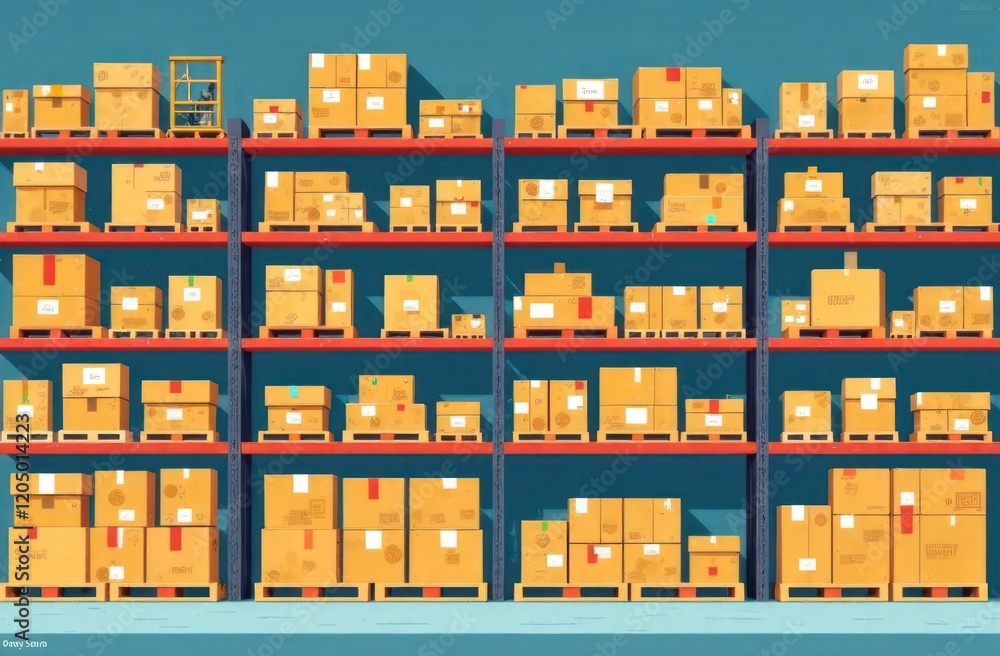 work of cargo system. Metal shelving full of boxes, cardboxes, pallets. Warehouse indoors illustration work of cargo system. Metal shelving full of boxes, cardboxes, pallets. Warehouse indoors illustration