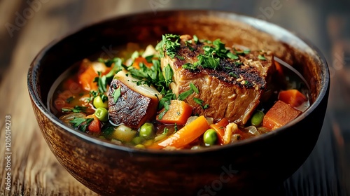 Bowl of bone broth with herbs, garlic, and vegetables, highlighting functional food benefits for immunity