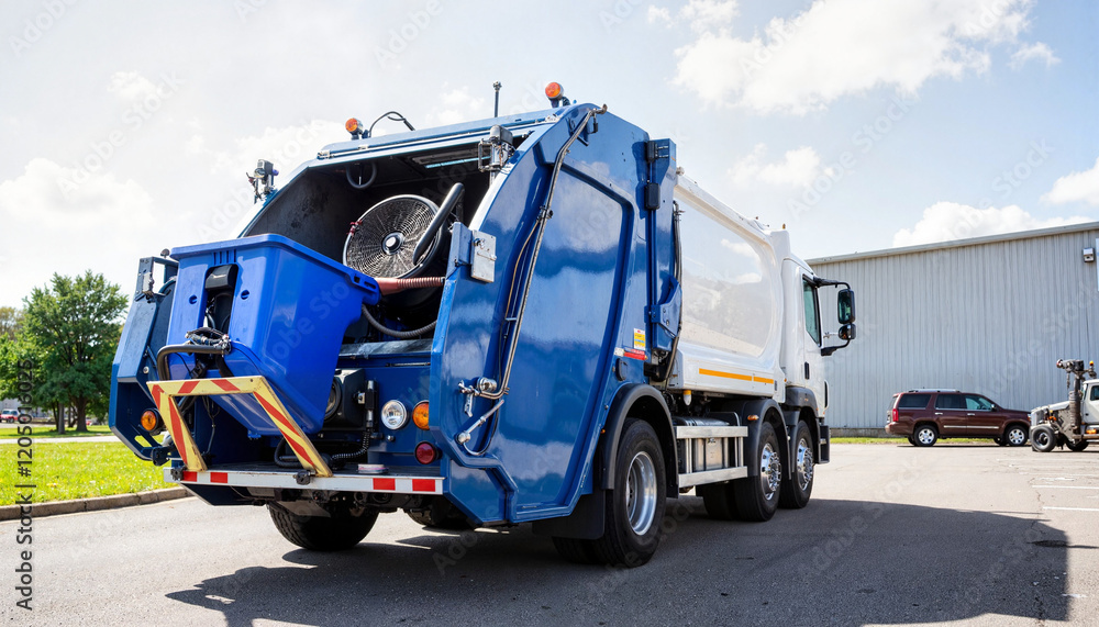 © ON - Studio - Modern garbage truck with extended lift emptying bin in industrial area, waste management © ON - Studio - Modern garbage truck with extended lift emptying bin in industrial area, waste management