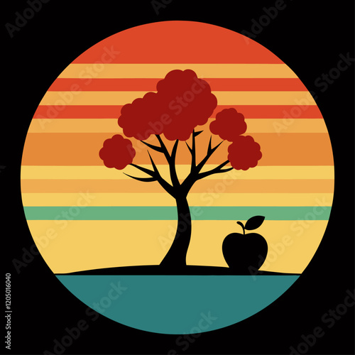 sunset summer and plum tree and apple silhouette