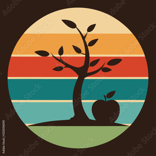 sunset summer and plum tree and apple silhouette