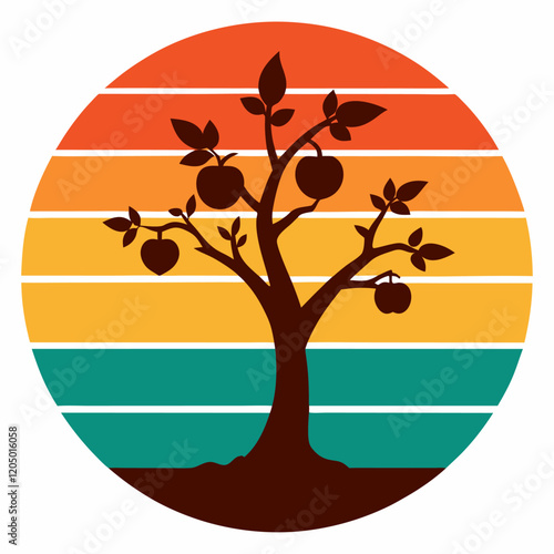 sunset summer and plum tree and apple silhouette