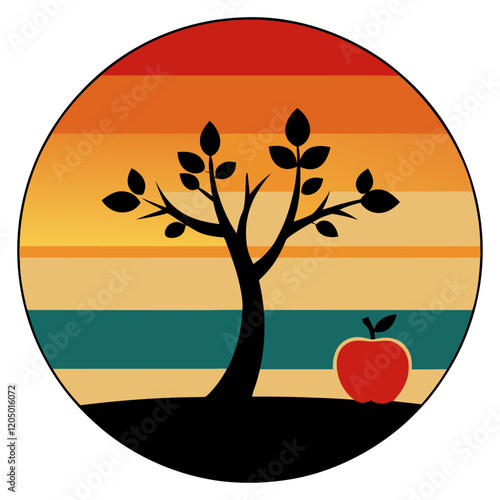 sunset summer and plum tree and apple silhouette