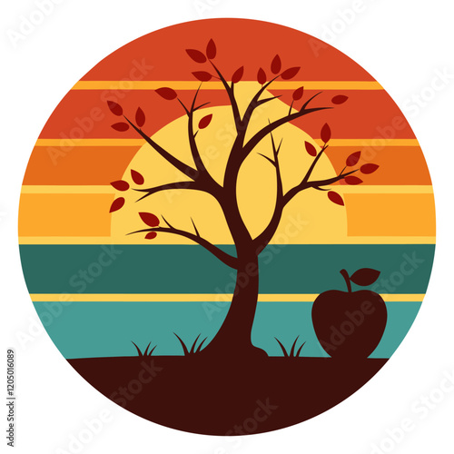 sunset summer and plum tree and apple silhouette