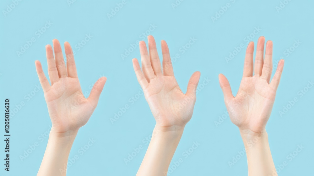Three Hands Raised High Against a Light Blue Background Three Hands Raised High Against a Light Blue Background