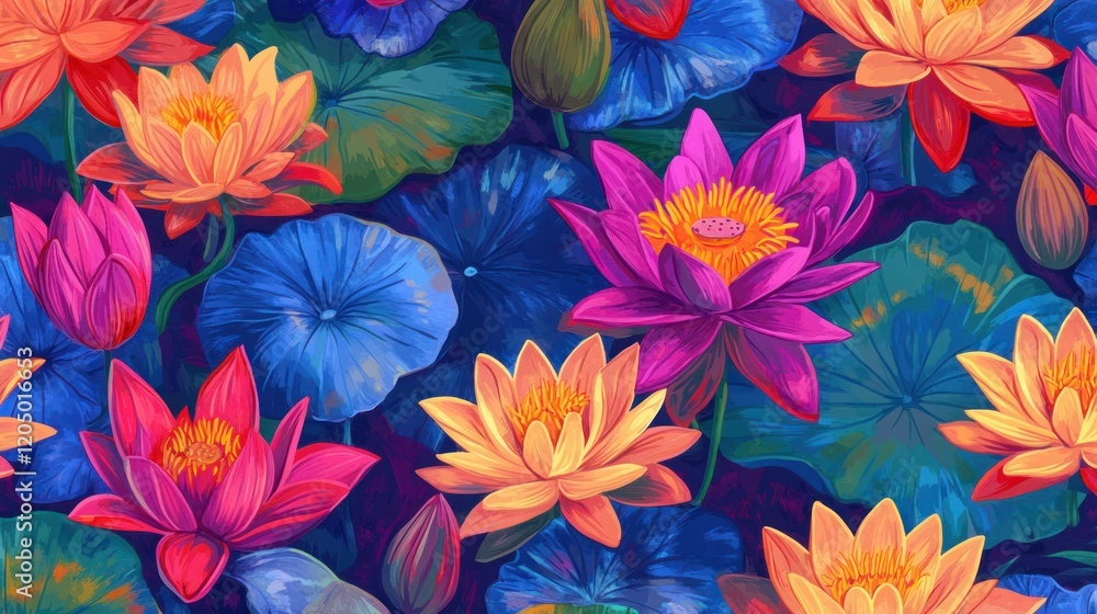 A detailed seamless pattern of tropical water lilies and lotus blooms in vivid jewel tones, perfect for wrapping paper or digital prints A detailed seamless pattern of tropical water lilies and lotus blooms in vivid jewel tones, perfect for wrapping paper or digital prints