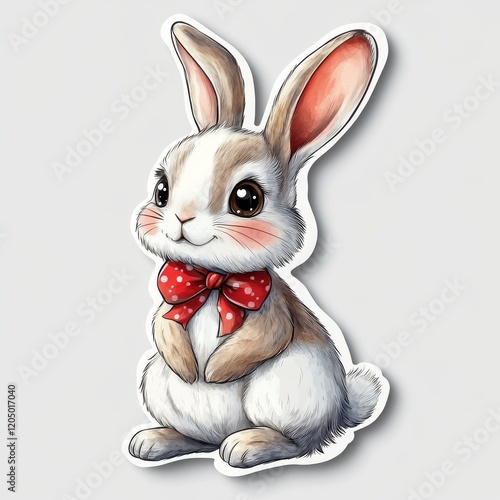 Charming Illustration of a Fluffy Bunny with a Red Bow Tie, Perfect for Easter or Springtime Projects and Decorative Crafts