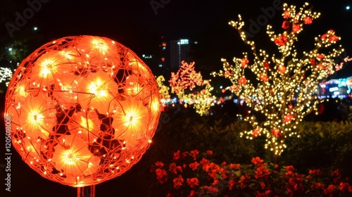 Illuminated Sphere and Festive Lightscape at Night