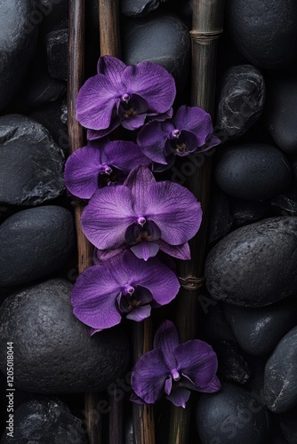 Purple Flowers on Black Rocks