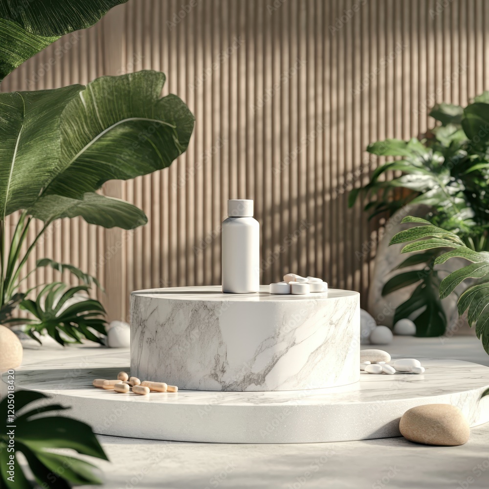 Fototapeta premium A 3D podium featuring a luxurious marble, designed to showcase products. On the podium, a pill bottle and capsules are elegantly displayed, with ample space to place additional items for display.