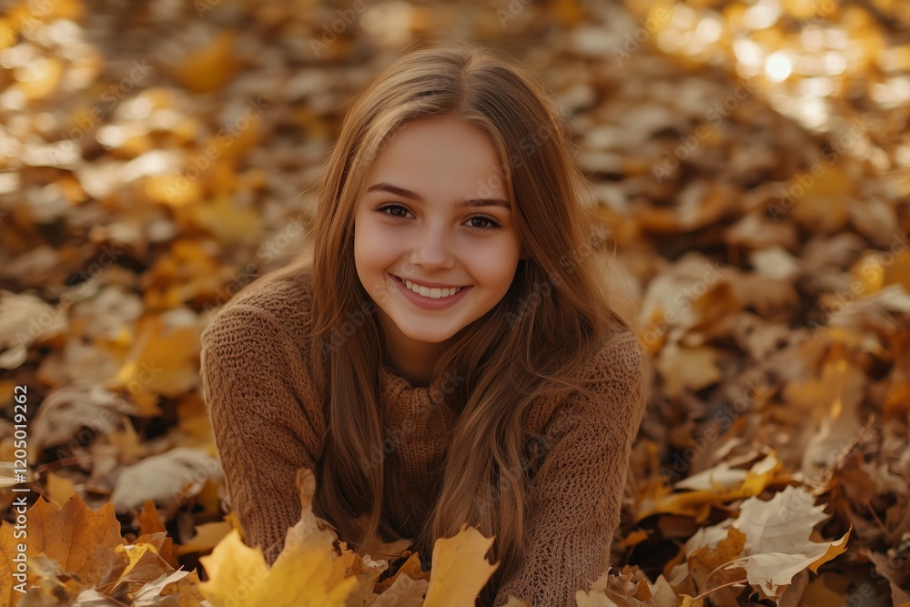 Delighted young girl enjoying a playful moment with autumn leaves in the park