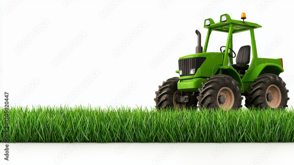 green tractor parked on grassy field, showcasing agricultural machinery and landscaping. vibrant grass adds fresh touch to scene green tractor parked on grassy field, showcasing agricultural machinery and landscaping. vibrant grass adds fresh touch to scene