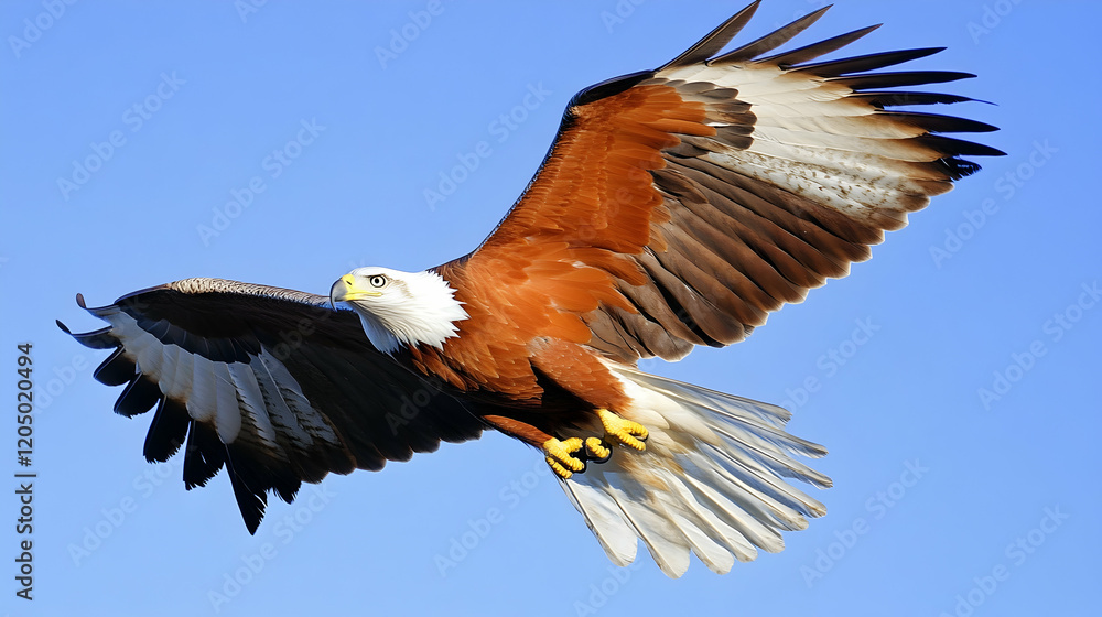 Obraz premium Majestic Brahminy Kite in flight against a vibrant blue sky. The bird's plumage is beautifully detailed.