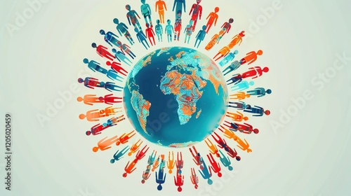 Craft a dynamic graphic featuring a globe surrounded by silhouettes of people from different nations, each holding a symbol of a specific health initiative Capture 