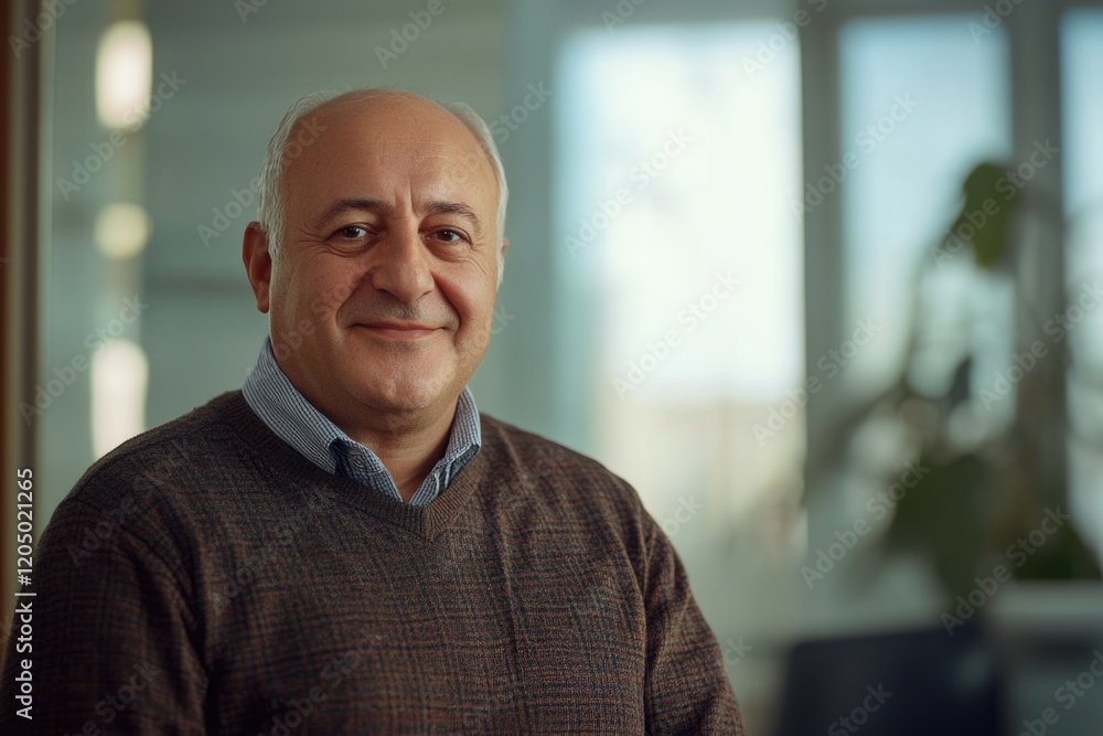 Obraz premium Bald Man in Brown Sweater Blue Shirt