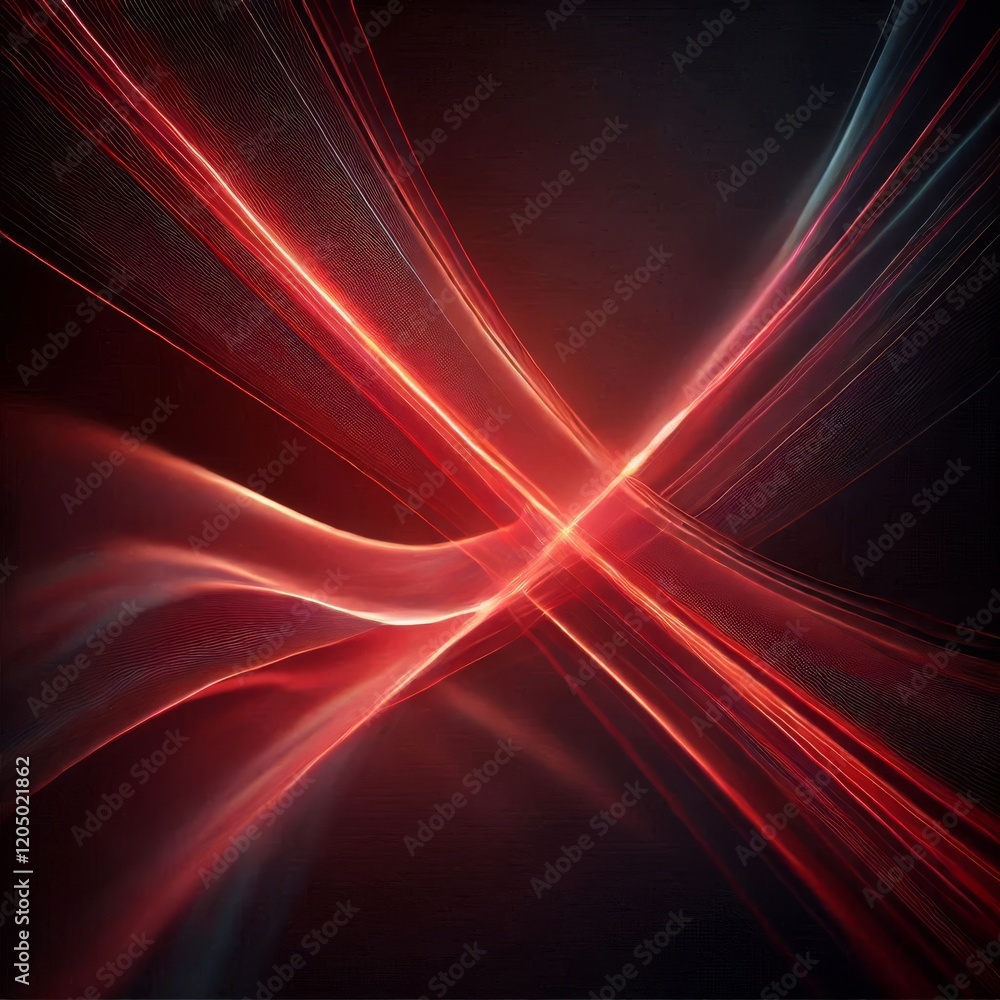 Fototapeta premium An abstract composition featuring glowing red light beams crossing diagonally over a deep black background. The beams are soft and semi-transparent, with smooth gradients that blend seamlessly into th