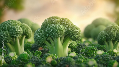 Wallpaper Mural Fresh Broccoli Field at Sunset. Close-up view of vibrant green broccoli florets in a lush field, illuminated by warm sunset light, symbolizing freshness and nature. Torontodigital.ca