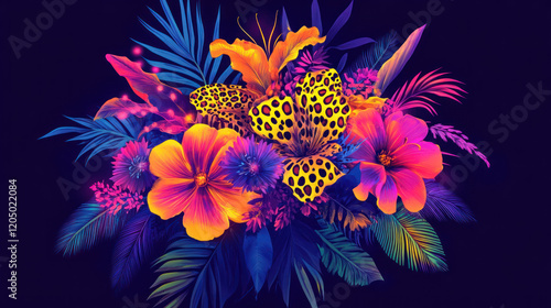A flat vector bouquet of neon animal print flowers with glowing leopard spots and zebra stripes, designed for bold t-shirt graphics